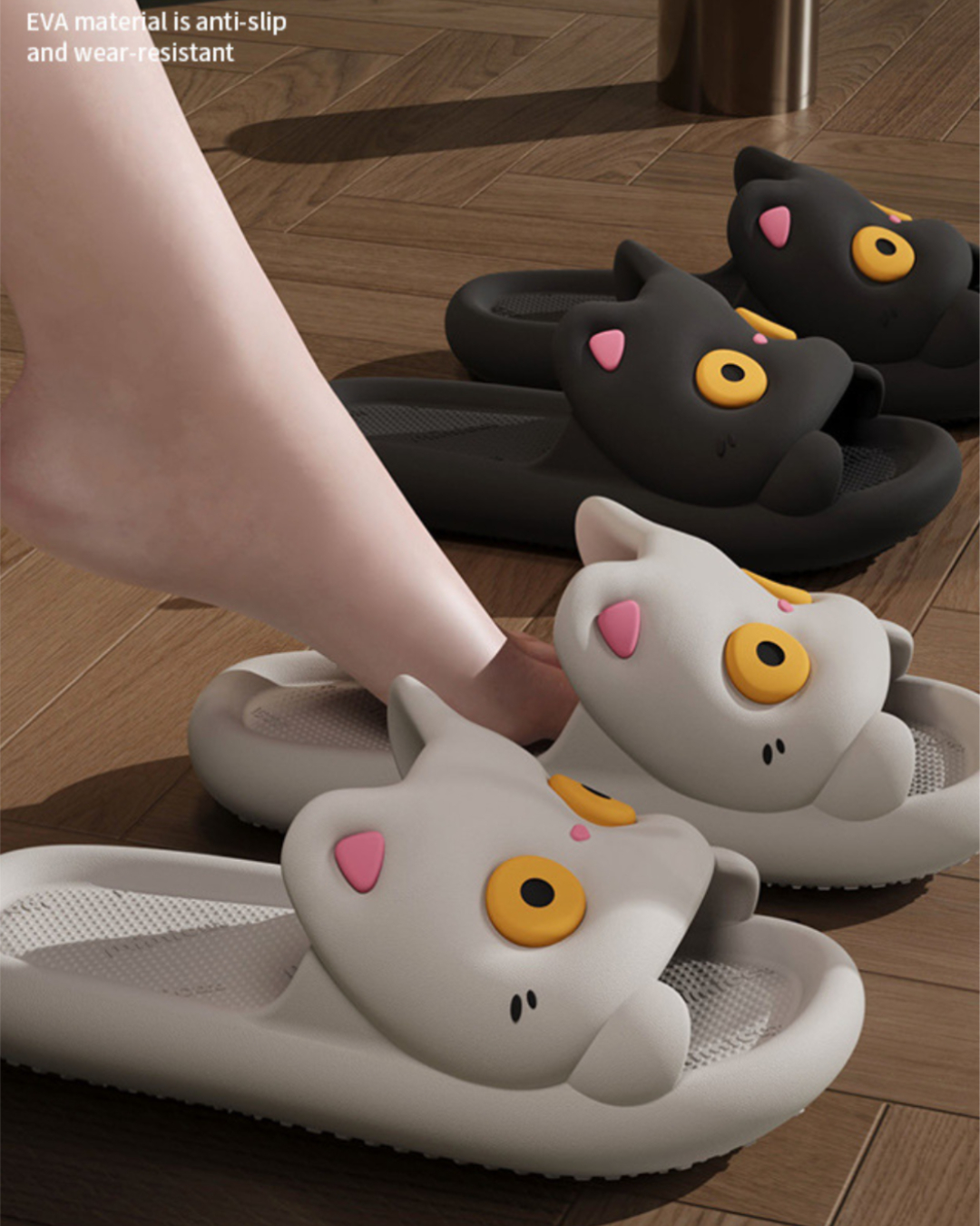 ねこデザインやみつきクッションスリッパ｜軽量・防滑・室内外OK